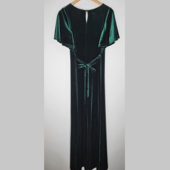 REVELRY Reese Emerald Green Velvet Maxi Dress Size S Flutter Sleeve Sash Belt - Picture 5 of 11
